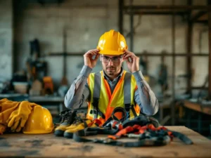 Construction worker adjusting yellow hard hat with safety glasses and high-visibility vest, PPE equipment on workbench