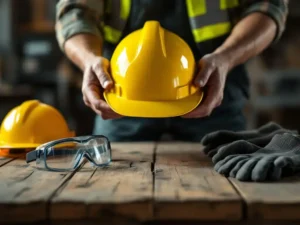 Construction worker holding bright yellow hard hat with safety equipment including goggles, vest, and gloves on wooden table