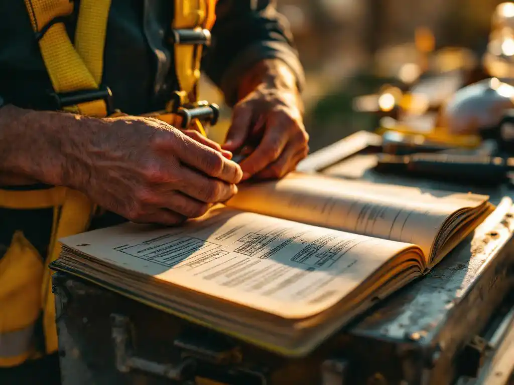 Construction worker's hands adjusting yellow safety harness while reading safety manual on toolbox with hard hat nearby.