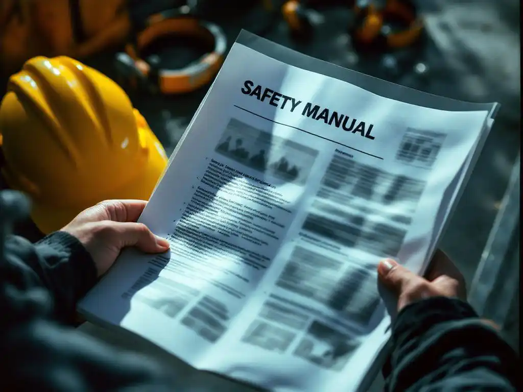 Construction worker holding safety manual with blurred text pages fluttering in wind, yellow hard hat and safety equipment on concrete surface nearby.