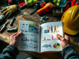 Weathered construction worker hands holding open safety manual with colorful diagrams, hard hat and safety gear on table