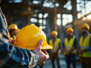 Construction worker holding yellow hard hat gestures during safety meeting as colleagues in hi-vis vests listen at worksite