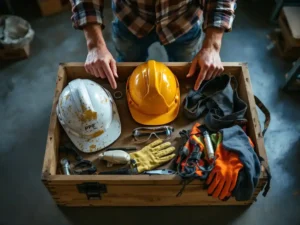 Construction worker's hands pointing to personal protective equipment including hard hat, safety goggles, and high-vis vest on toolbox