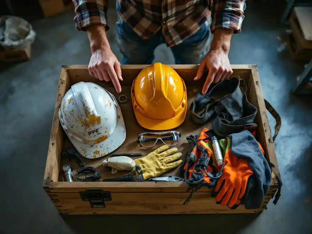 Construction worker's hands pointing to personal protective equipment including hard hat, safety goggles, and high-vis vest on toolbox
