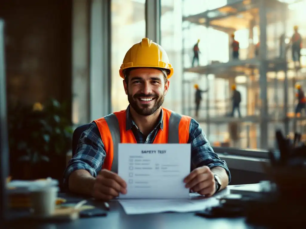 Construction worker in hard hat holds perfect safety test score while unsafe workers climb scaffolding without helmets in background.