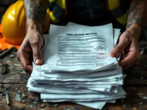 Construction worker holding stack of violation notices and fine documents with red stamps, hard hat visible on table