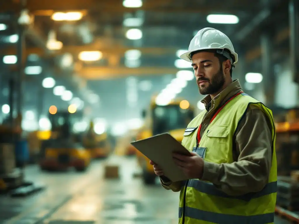 Construction worker in hard hat reviewing checklist on clipboard in industrial warehouse with machinery and workers in background.