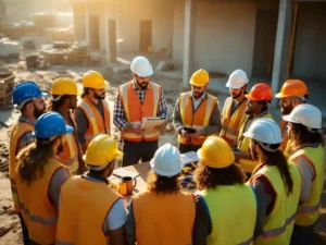 Construction workers in colorful hard hats forming circle during morning safety briefing at job site