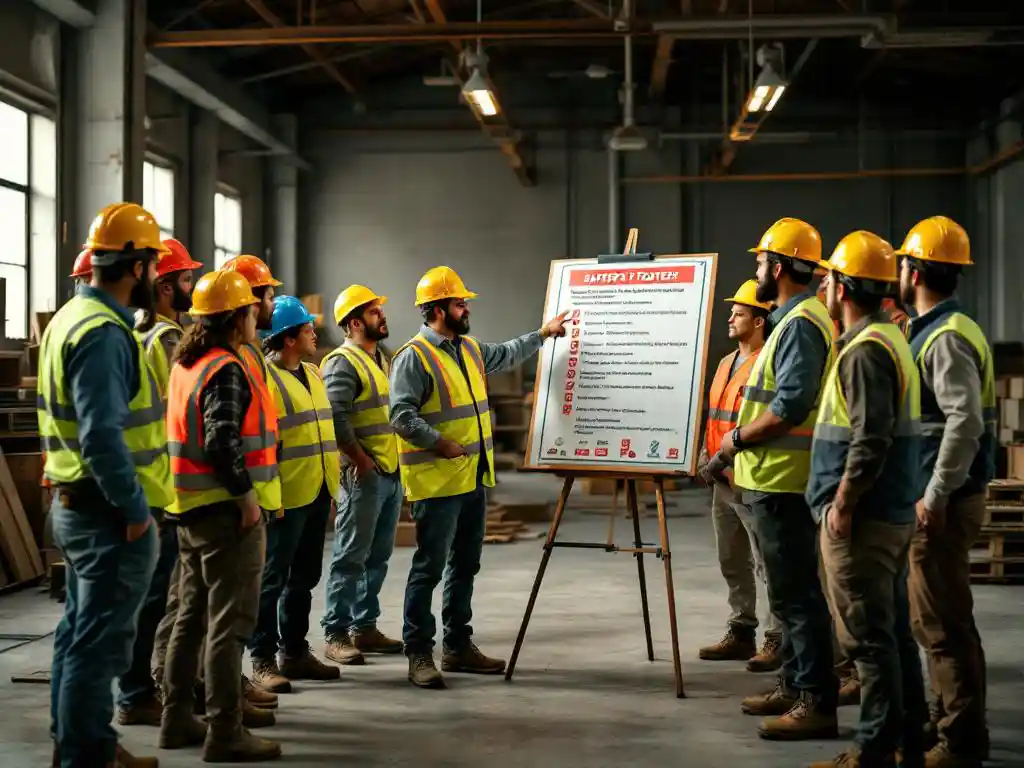 Safety supervisor presenting multilingual safety poster to diverse group of construction workers in hard hats in warehouse