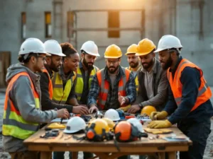 Diverse construction workers discussing personal protective equipment including hard hats and safety vests at job site