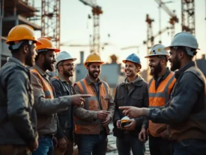 Diverse construction workers in circle discussing safety equipment during break at industrial job site with cranes in background.
