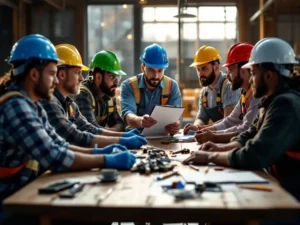 Construction workers in hard hats gathered around table during safety meeting with supervisor reviewing protocols