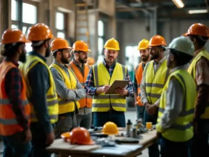 Diverse construction workers in hard hats gather for safety meeting with supervisor holding clipboard and equipment on table.