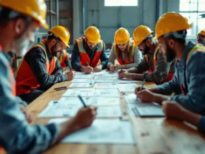 Diverse construction workers in hard hats and safety vests collaborating around table reviewing safety checklists