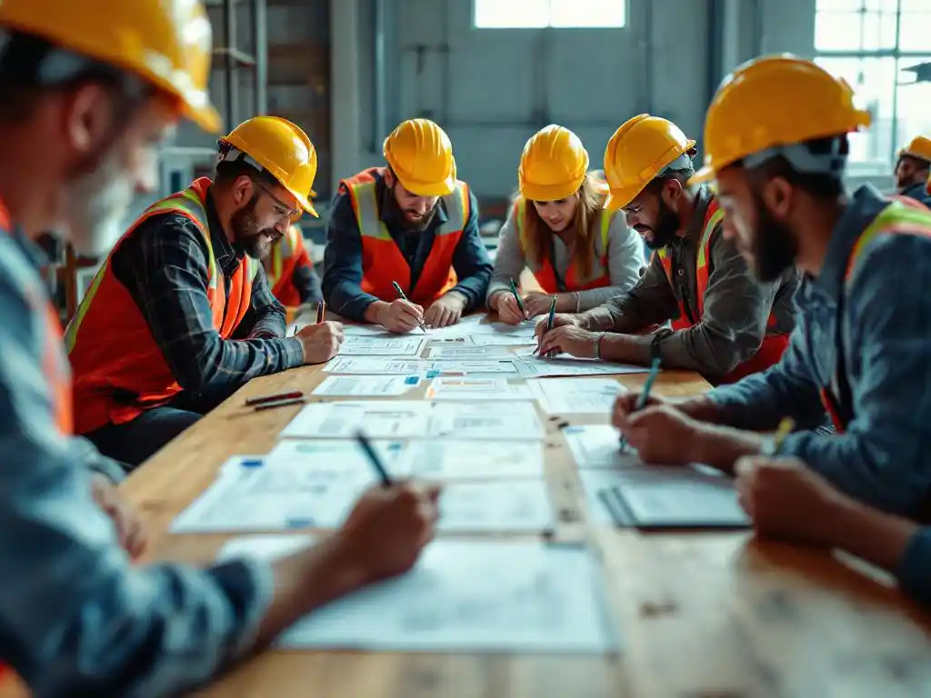 Diverse construction workers in hard hats and safety vests collaborating around table reviewing safety checklists