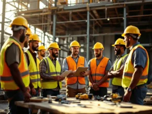 Construction supervisor conducting safety meeting with diverse group of workers in hard hats and high-vis vests at job site.
