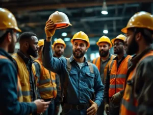 Construction worker holding hard hat addresses diverse team during safety meeting in industrial warehouse setting.