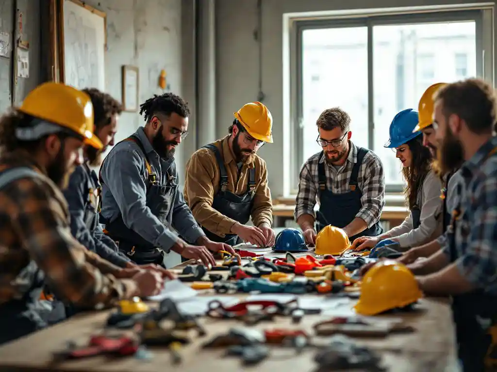 Diverse construction workers examining colorful hard hats and safety equipment around table in bright training room