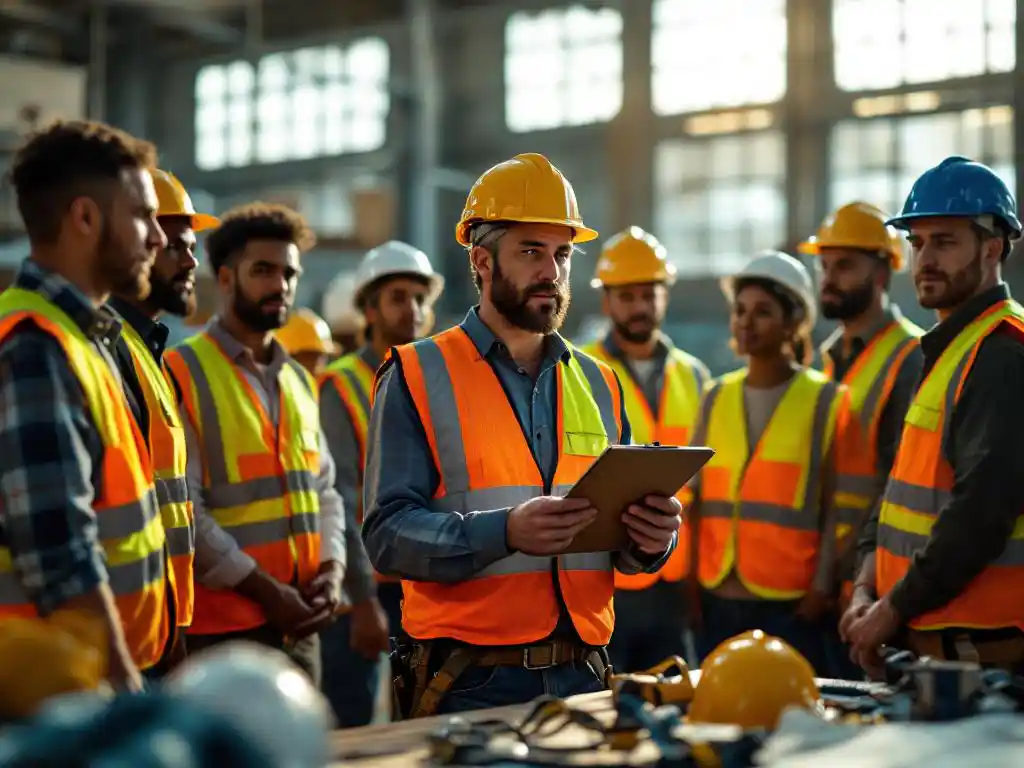 Construction supervisor with clipboard instructing diverse workers about safety equipment in industrial warehouse setting.