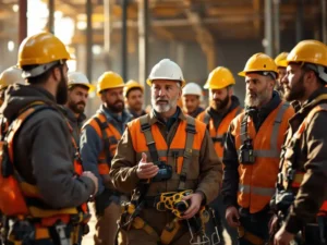 Safety supervisor training diverse construction workers on PPE equipment at industrial building site with scaffolding