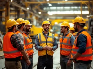 Diverse construction workers in safety gear having collaborative discussion on factory floor with industrial machinery in background.