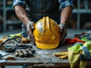 Construction worker hands holding cracked safety helmet with damaged PPE equipment on workbench in industrial workshop