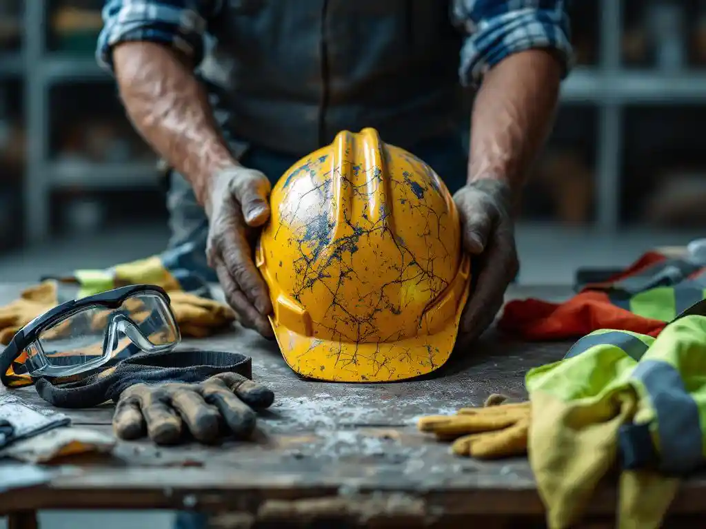 Construction worker hands holding cracked safety helmet with damaged PPE equipment on workbench in industrial workshop