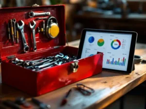 Modern tablet displaying colorful digital dashboard resting against red toolbox with chrome tools on wooden workbench