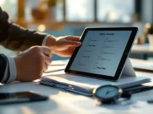 Professional hands using digital tablet with safety checklists on office desk, with paper forms and stopwatch nearby