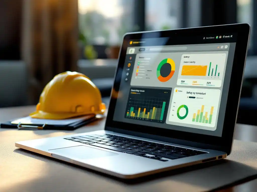 Laptop displaying colorful digital safety dashboard with progress bars on office desk next to yellow hard hat and clipboard