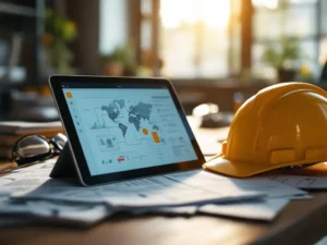 Digital tablet displaying safety diagrams on wooden desk with paper manuals, hard hat, and safety glasses nearby