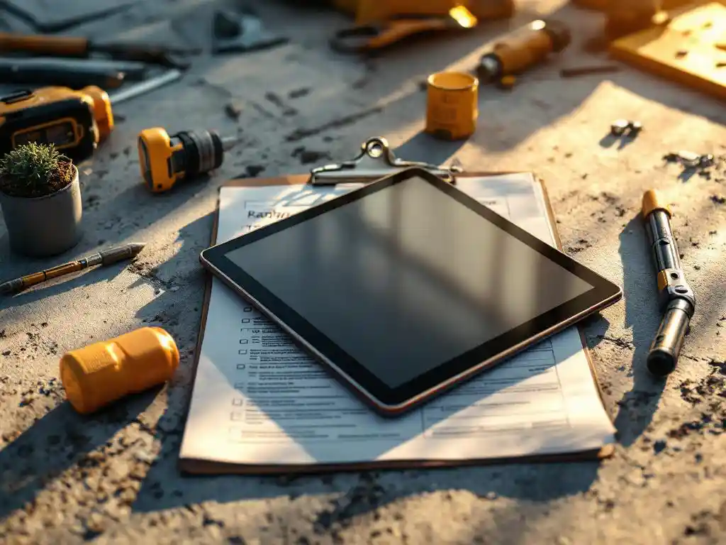 Modern tablet displaying digital registration interface on weathered clipboard with paper safety forms and construction tools