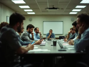 Conference room with disengaged employees checking phones and doodling during workplace safety meeting presentation.