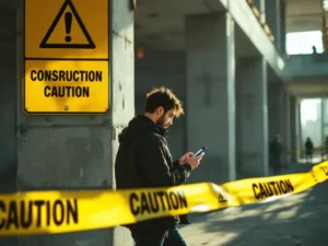 Person distracted by smartphone walks past bright yellow safety warning sign at construction site with caution tape.