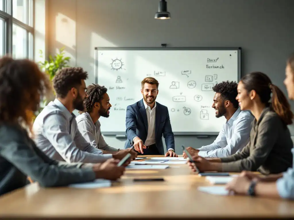 Diverse office workers collaborating around conference table with translation apps and visual diagrams during team meeting.