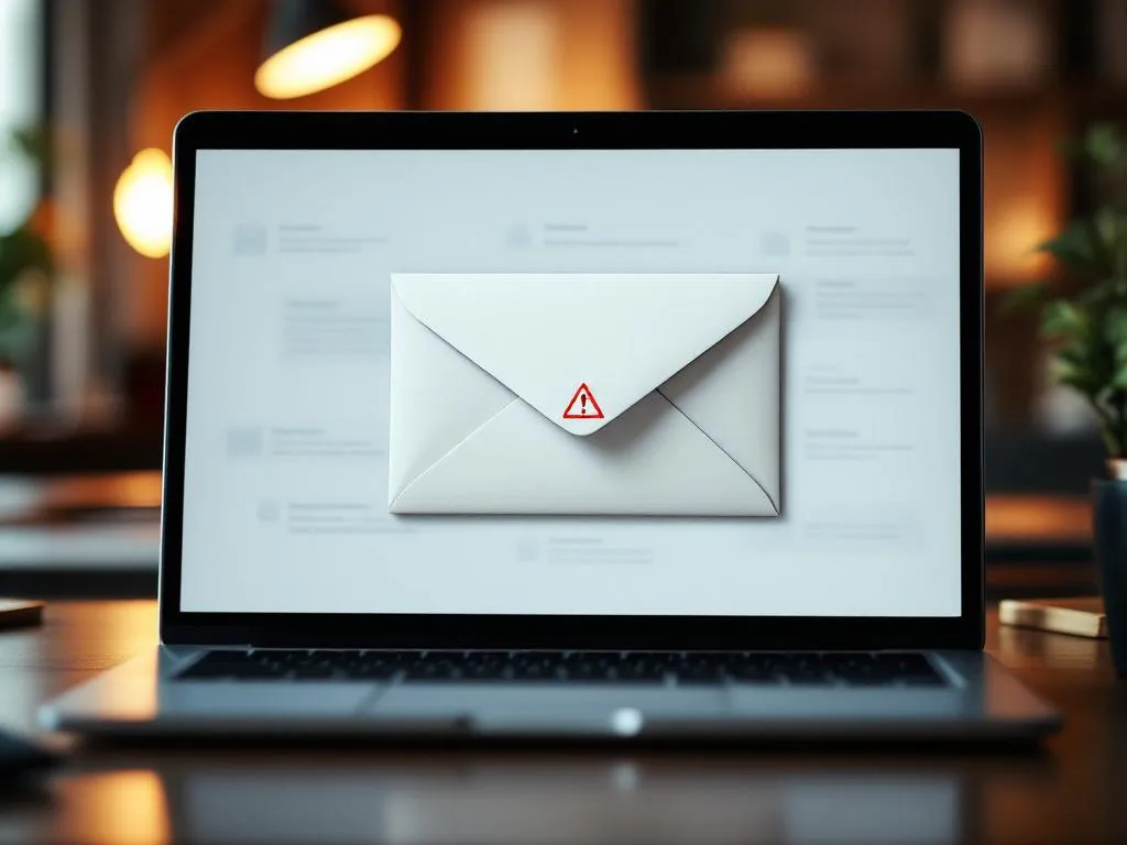 Email inbox on laptop screen showing white envelope with red warning symbol among other messages in office setting