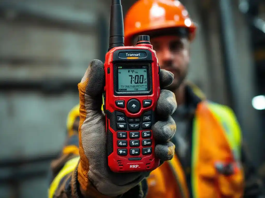 Construction worker's hand gripping red emergency radio with transmit button pressed, hard hat visible in industrial setting.