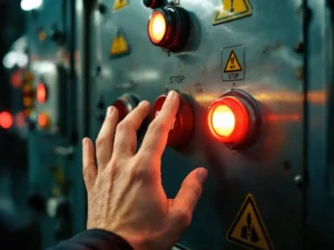 Hand reaching toward red emergency stop button on industrial control panel with safety labels and warning instructions