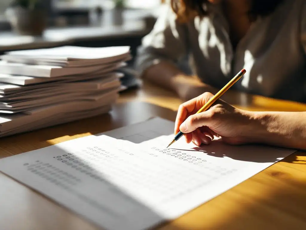 Employee filling out test paper with pencil at wooden desk, completed assessment forms stacked nearby in office setting.