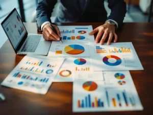 Business executive reviewing safety charts and compliance data on conference table with laptop displaying analytics dashboard.