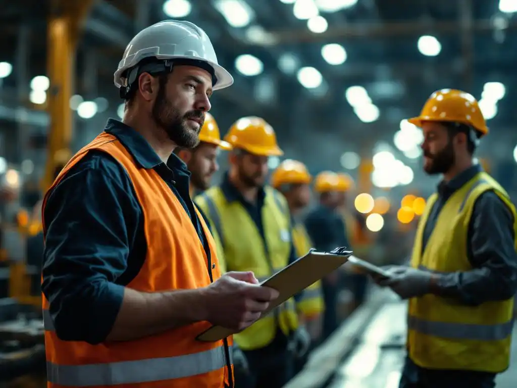 Factory supervisor with clipboard training workers in safety equipment near operating production line machinery