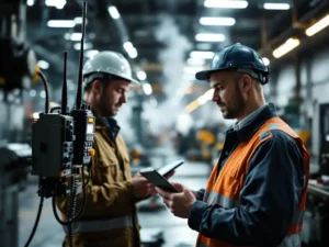 Factory supervisor with tablet standing beside two-way radio at industrial workstation, workers operating machinery in background.