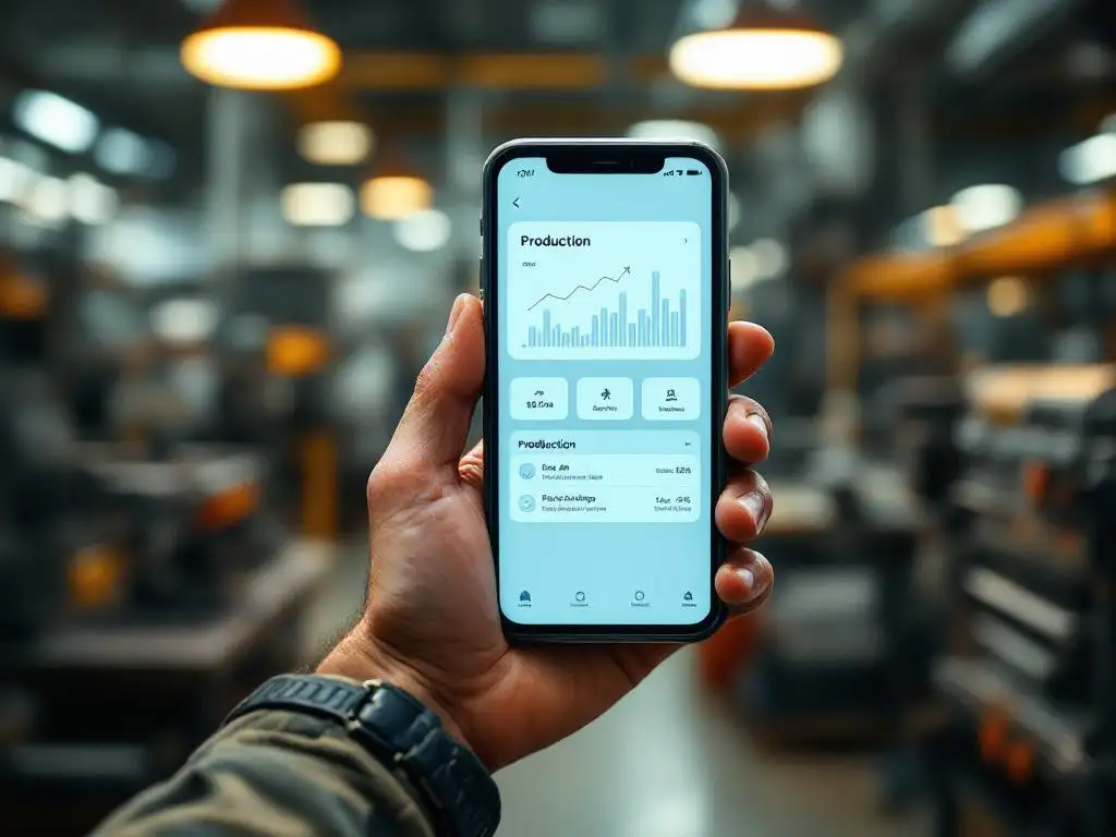 Factory worker's weathered hands holding smartphone with production app against industrial machinery backdrop