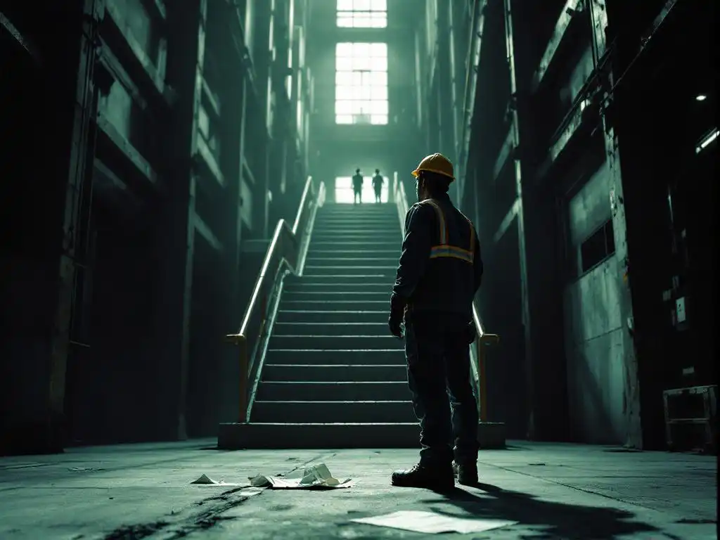 Factory worker in safety gear looks up industrial staircase toward executive office window, crumpled memo on floor beside boots.