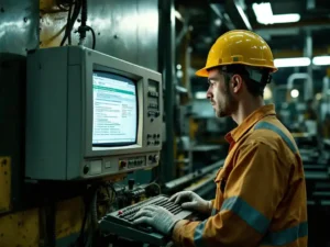 Factory worker in safety gear looking frustrated at outdated computer terminal in industrial workplace with machinery background.