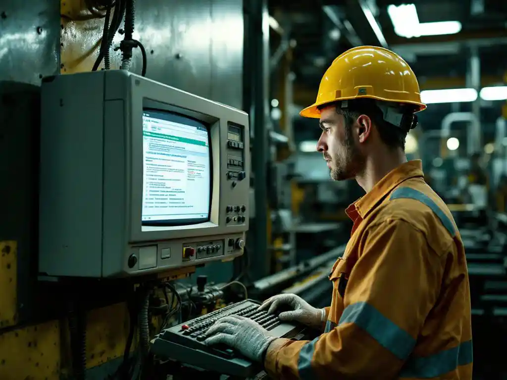 Factory worker in safety gear looking frustrated at outdated computer terminal in industrial workplace with machinery background.