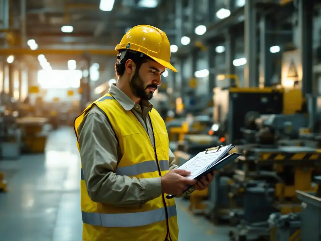 Factory worker in yellow safety vest and hard hat reviewing safety checklist on clipboard in industrial facility