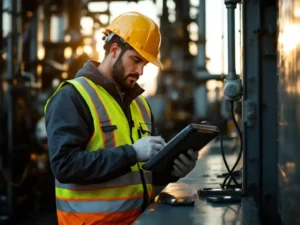 Field service technician in safety vest reading instructions on tablet beside industrial equipment at worksite