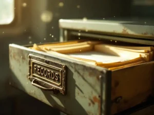 Open filing cabinet drawer containing manila folders with safety documents and inspection reports, brass nameplate reading "RECORDS"