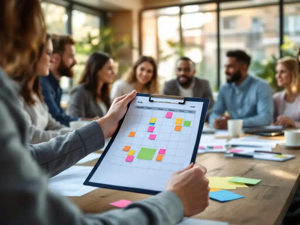 Manager pointing to weekly schedule clipboard while diverse team gathers around conference table with colorful notes